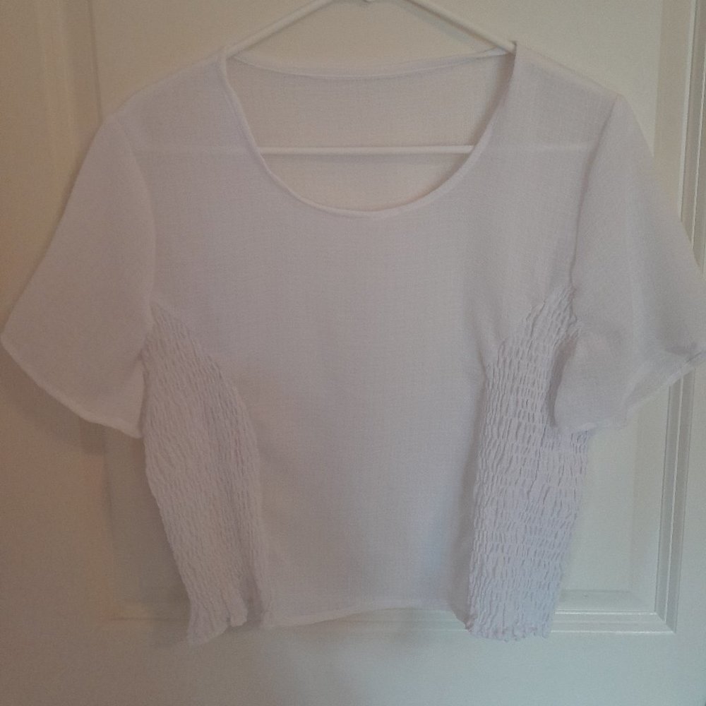 Women's Handmade White Shirred Cropped Blouse, size M
